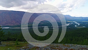 View of the valley of the river Sob aerial video. Polar Urals, Russia