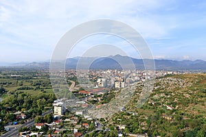 View of a valley with a rural settlement from the ancient stone wall of Rozafa Castle in Shkoder, Albania