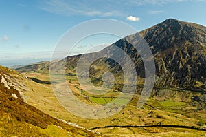 View of a valley from the top of the mountain Pen Yr Ole Wen in Wales