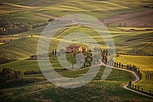 View of valley Val D`Orcia at sunset