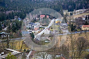 The view into the valley of the Zittau mountains from the castle Oybin to the village Olbersdorf/Hain and the Czech Republic