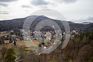 The view into the valley of the Zittau mountains from the castle Oybin to the village Olbersdorf/Hain and the Czech Republic