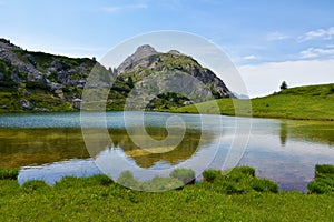 View of Valparola lake and Sass de Stria mountain