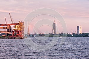 View of VanÃÂ¡u Bridge on the river Daugava, in Riga, Latvia photo