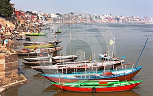 View of Varanasi with boats on sacred Ganga River