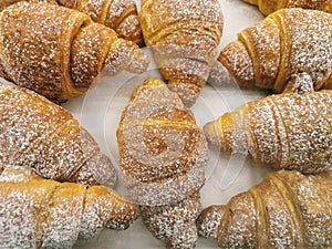 View of various tasty plain croissants spread with egg cream, pastry theme, food and drink image for commercial use