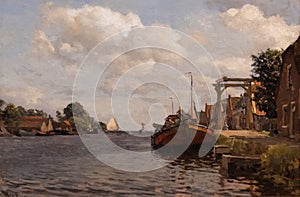 View on Veerstraat in Oude Wetering with boats by Willem Tholen
