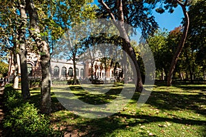 View of Velazquez Palace exterior is hidden behind the garden trees photo