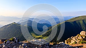 View from Velky Rozsutec in Mala Fatra. View of a hilly landscape from above