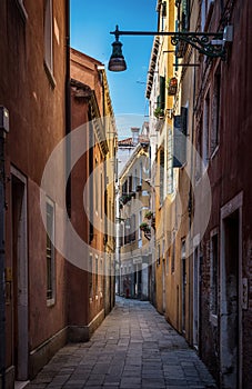 View of the Venetian houses on street. Venice, Italy.