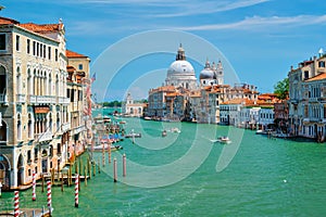 View of Venice Grand Canal and Santa Maria della Salute church on sunset