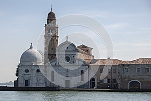 View from the Venice lagoon of the Church of San Michele in Isola on the cemetery island of San Michele, Venice