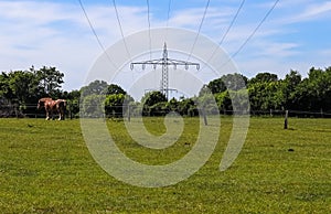 View of very large electricity pylons with high voltage cables from a moving car