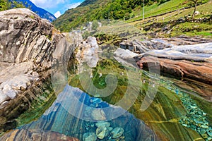 View of the Verzasca river in Lavertezzo, Verzasca Valley, Switzerland