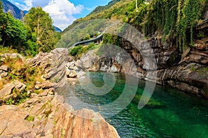 View of the Verzasca river in Lavertezzo, Verzasca Valley, Ticino Canton, Switzerland