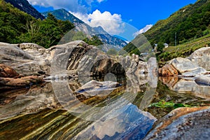 View of the Verzasca river in Lavertezzo, Verzasca Valley, Ticino Canton, Switzerland