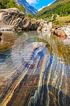 View of the Verzasca river in Lavertezzo, Verzasca Valley, Ticino Canton, Switzerland