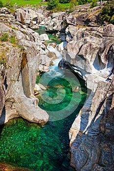 View of the Verzasca river in Lavertezzo, Verzasca Valley, Ticino Canton, Switzerland