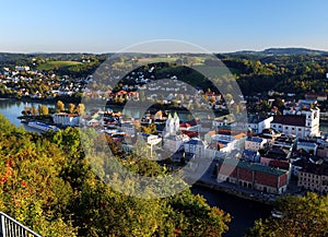 View From Veste Oberhaus To The St. Stephan Cathedral At The River Inn In Passau Germany On A Beautiful Sunny Autumn DayVie