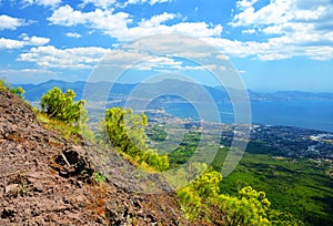 The view from the Vesuvius vulcano towards the city of Pompeii.