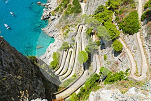 View of Via Krupp from Gardens of Augustus descending to Marina Piccola sea, Capri Island, Italy