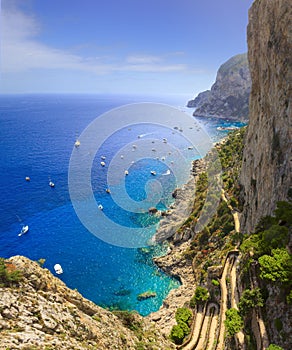 View of Via Krupp from Gardens of Augustus descending to Marina Piccola sea, Capri Island, Italy.