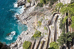 View of Via Krupp pathway and the coastline from the Gardens of Augustus Giardini di Augusto on the island of Capri, Italy.