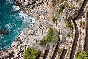 View of Via Krupp pathway and the coastline from the Gardens of Augustus Giardini di Augusto on the island of Capri, Italy.