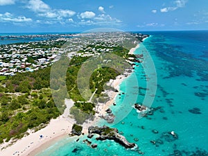 View of a vibrant cityscape with crystal blue green waters in Bermuda Island