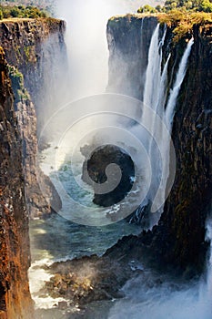 View of Victoria Falls from the ground. Mosi-oa-Tunya National park. and World Heritage Site. Zambiya. Zimbabwe.