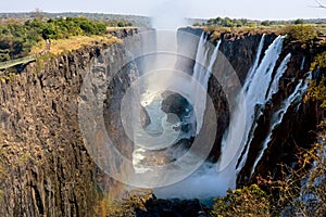 View of Victoria Falls from the ground. Mosi-oa-Tunya National park. and World Heritage Site. Zambiya. Zimbabwe.