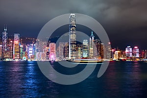 View of Victoria Harbor and Hong Kong at night. Urban landscape