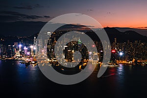 View on Victoria harbor in Hong Kong at sunset