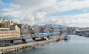 View of Vigo Spain cityscape with sea and sky with clouds