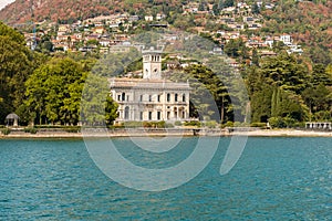 View of the Villa Erba, today Villa Gastel-Visconti, from Lake Como, Cernobbio, Italy photo