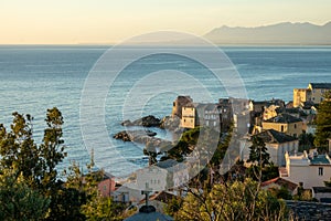 View of the village of Erbalunga at sunrise, Cap Corse in Corsica France