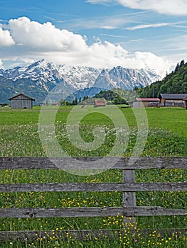 View of the village Farchant in Werdenfelser Land at the foot of the Wetterstein Mountains, Bavaria, Germany