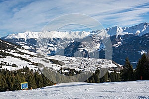 View on the village Fiss with a slope in front in the ski resort