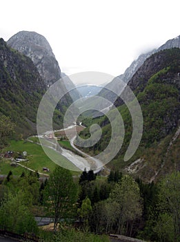 View of Village in Glacial Valley in Norway