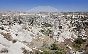 View of the village of Goreme in Cappadocia, Anatolia region of Turkey, on a sunny summer day