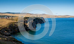 View of the village of Khuzhir from Shamanka Rock on lake Baikal at Olkhon island in September, Siberia, Russia.