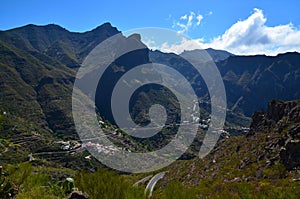 View of the village of Masca and mountain road in Parque Rural de Teno, Tenerife, Canary Islands, Spain.