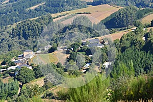 View Of The Village Of Rebedul From The Top Of The Meadows Of The Mountains Of Galicia. Travel Flowers Nature.