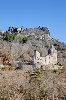 View of the village of Saint Véran in the valley of La Dourbie in Aveyron in the Occitanie region