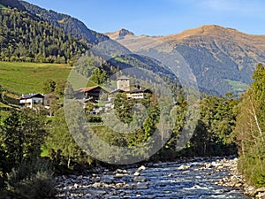 View of the village of St. Martin in Passeier on the river Passer in the Alps in South Tyrol, Italy