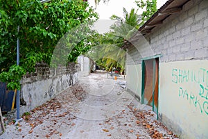 View of village street of one of Maldive Islands. Green trees and old buildings. Poor environment. Local society.