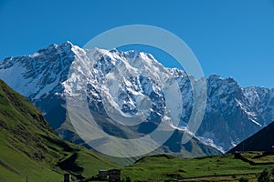 View from village Ushguli on Bezengi wall in Greater Caucasus, Upper Svaneti, Georgia