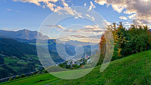 View from the Villanders village south overlooking the valley and village to the Eisacktal valley and themountain sciliar on a
