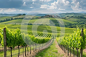 A view of a vineyard in the Italian countryside, showcasing rows of grapevines stretching across the landscape, Lush vineyards on