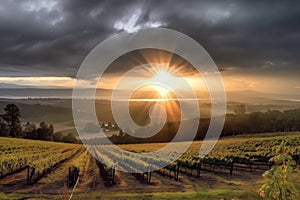 view of vineyard with sun setting over the rolling hills, breaking through the clouds